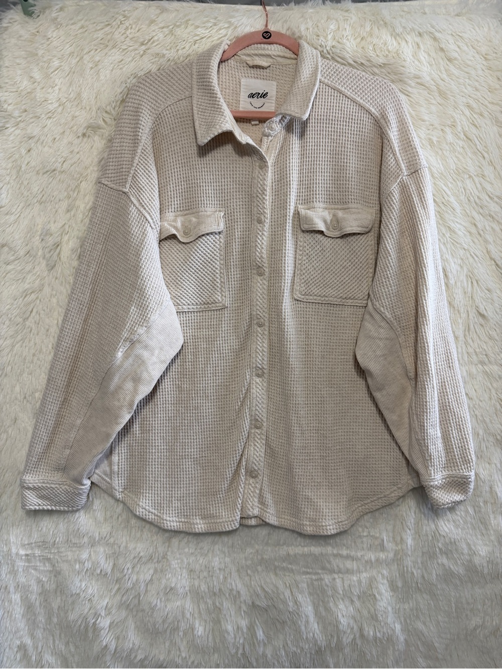 Aerie Womens Oversized LumberJane Waffle Shirt Shacket Size XL Cream Granola
